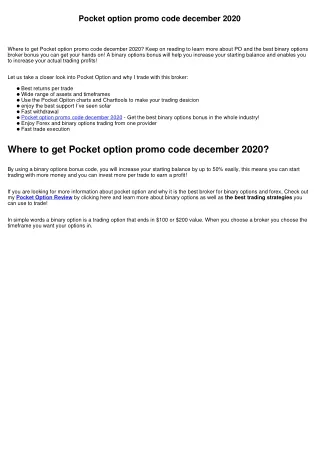 Pocket option promo code december 2020