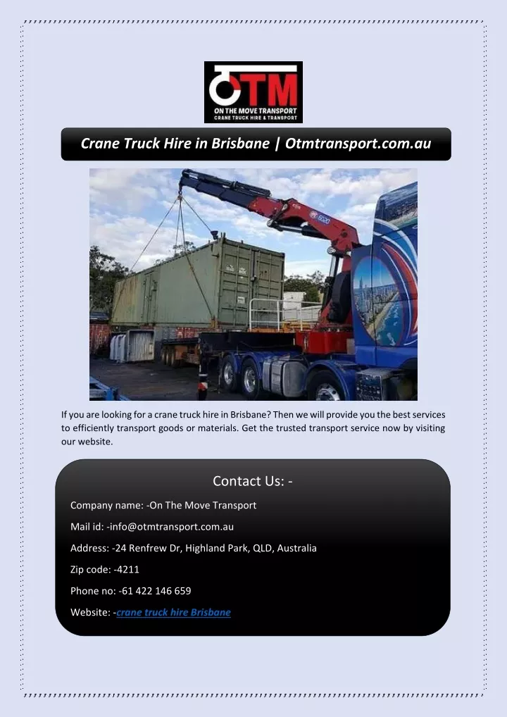 crane truck hire in brisbane otmtransport com au