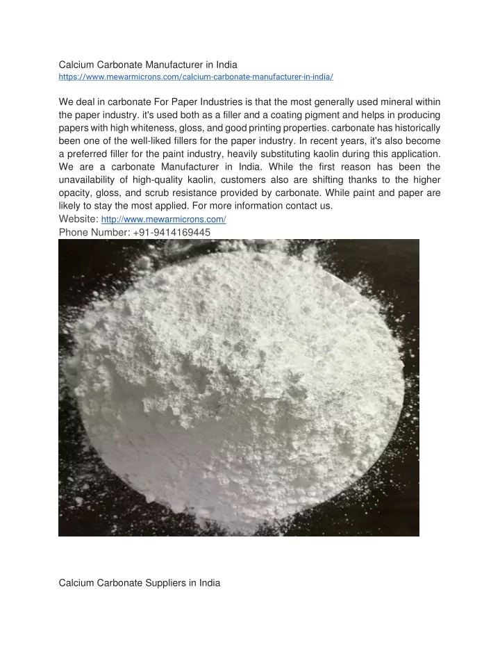 calcium carbonate manufacturer in india https