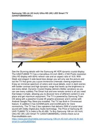 Samsung UA43TU8000KBXL 4K Smart TV Features and Specifications
