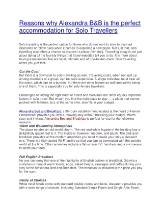 Reasons why Alexandra B&B is the perfect accommodation for Solo Travellers