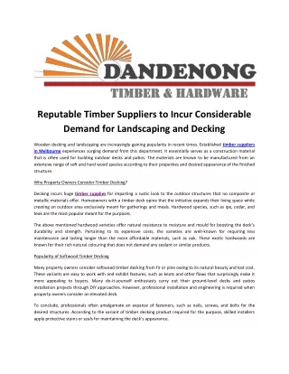 Reputable Timber Suppliers to Incur Considerable Demand for Landscaping and Deck