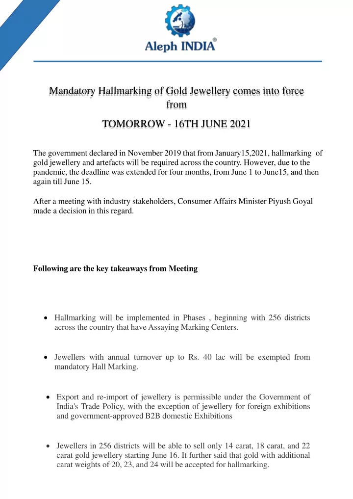 mandatory hallmarking of gold jewellery comes