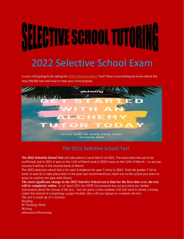 2022 selective school exam