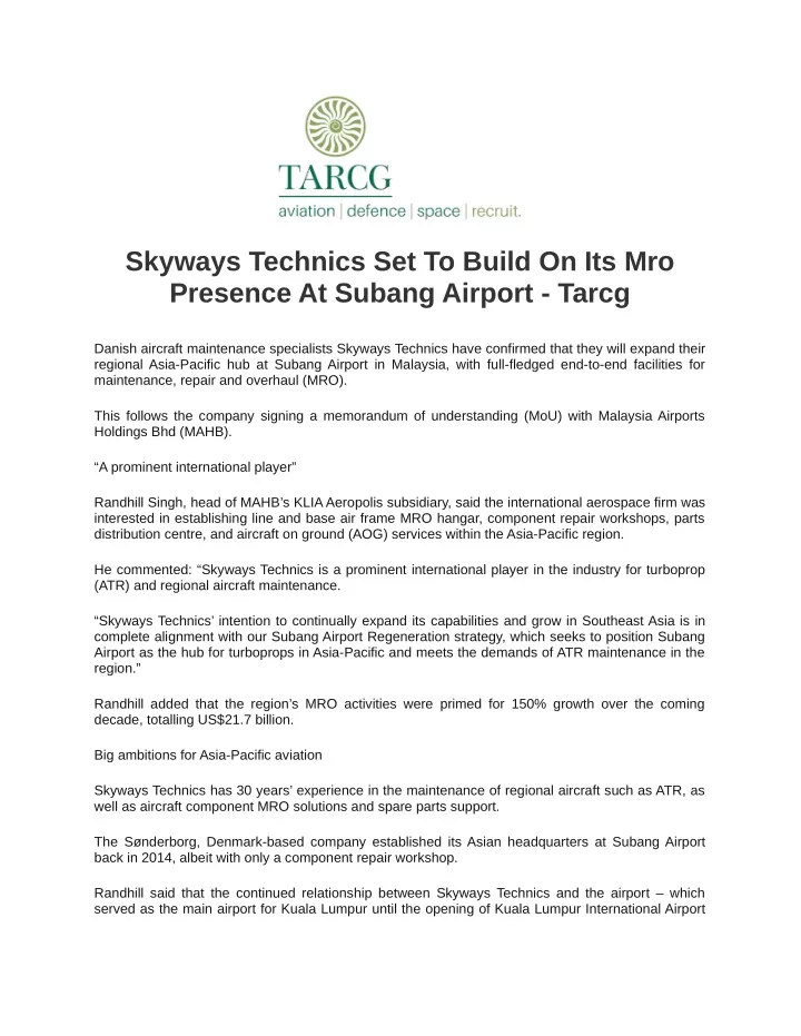 skyways technics set to build on its mro presence