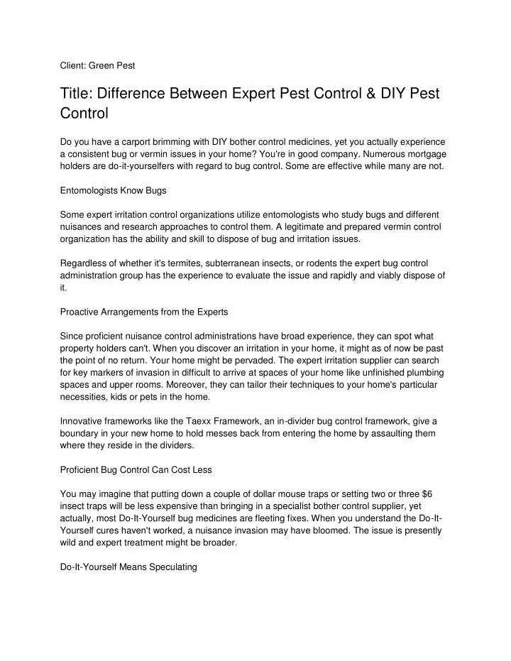 client green pest title difference between expert