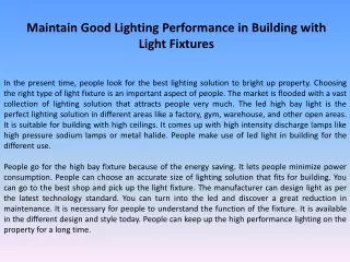 Maintain Good Lighting Performance in Building with Light Fixtures