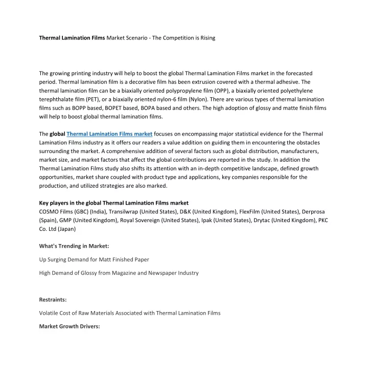 thermal lamination films market scenario