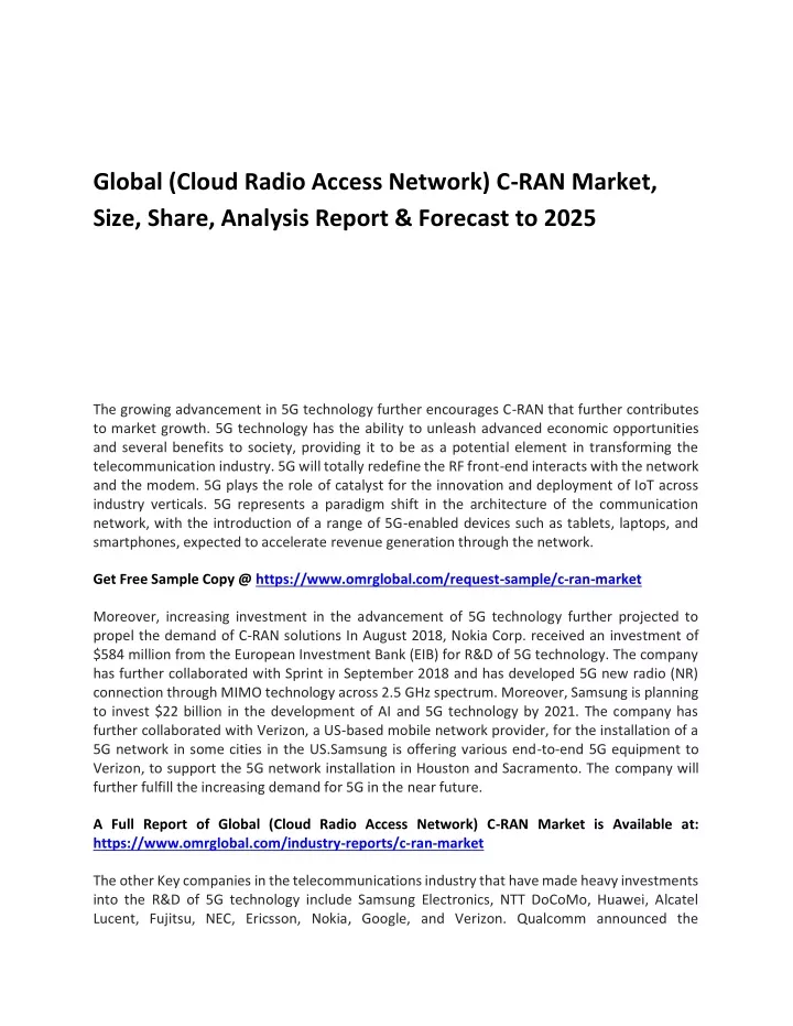 global cloud radio access network c ran market