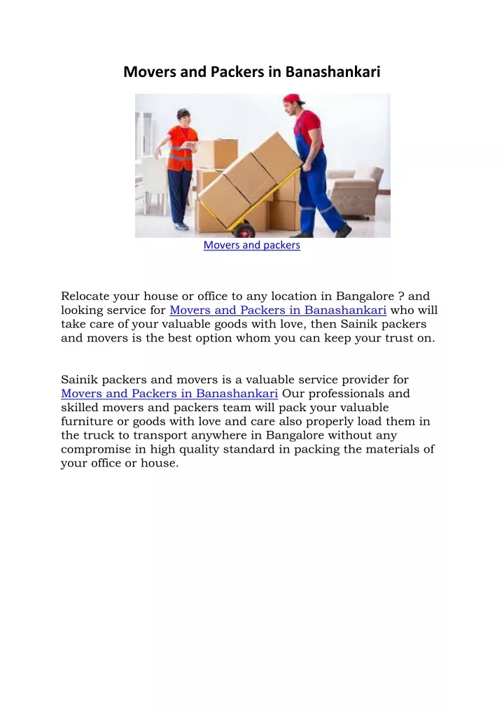 movers and packers in banashankari