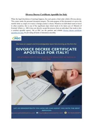 Divorce Decree Certificate Apostille for Italy