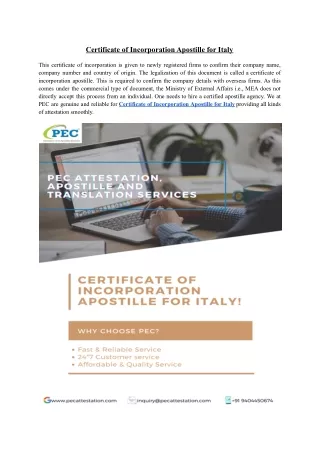 Certificate of Incorporation Apostille for Italy