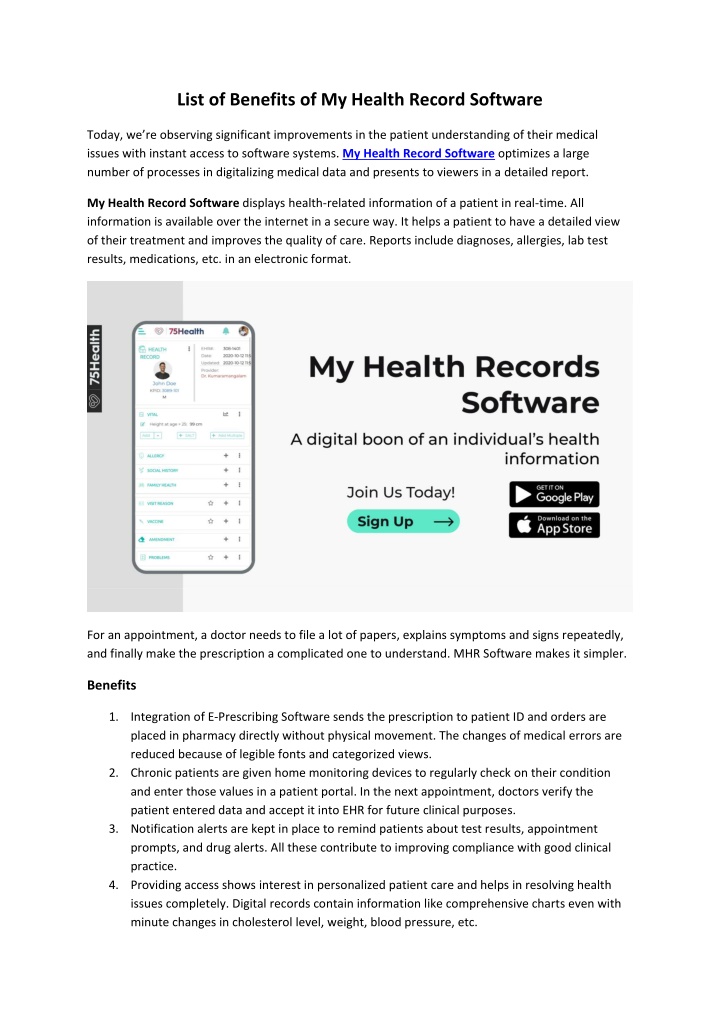 list of benefits of my health record software