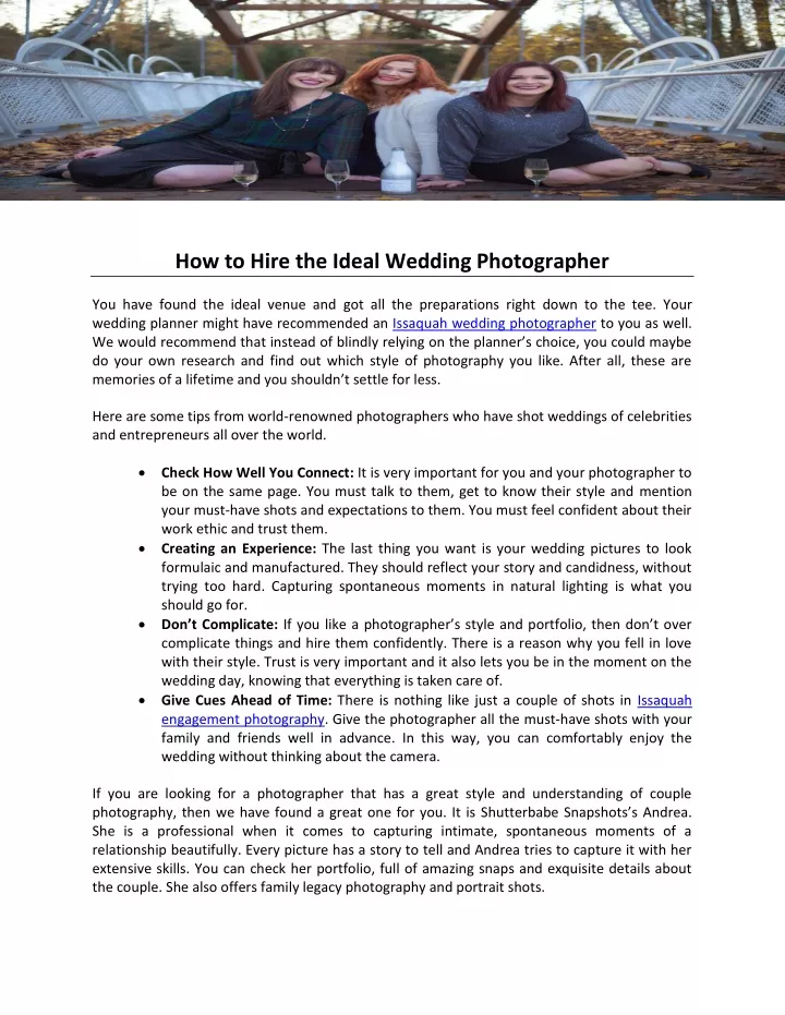 how to hire the ideal wedding photographer