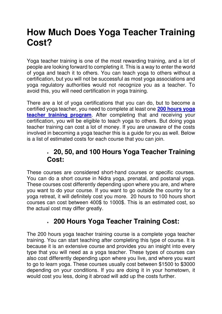 how much does yoga teacher training cost yoga