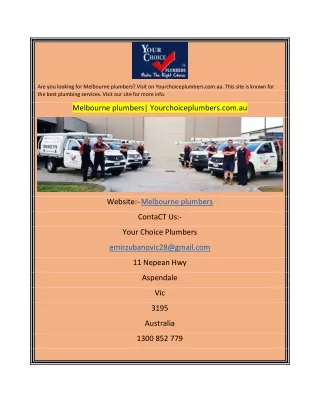 Melbourne plumbersYourchoiceplumbers.com.au