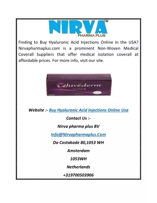 Buy Hyaluronic Acid Injections Online USA | Nirvapharmaplus.com
