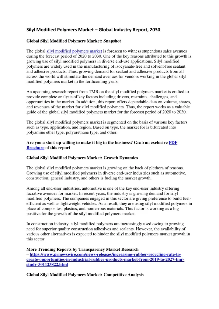 silyl modified polymers market global industry