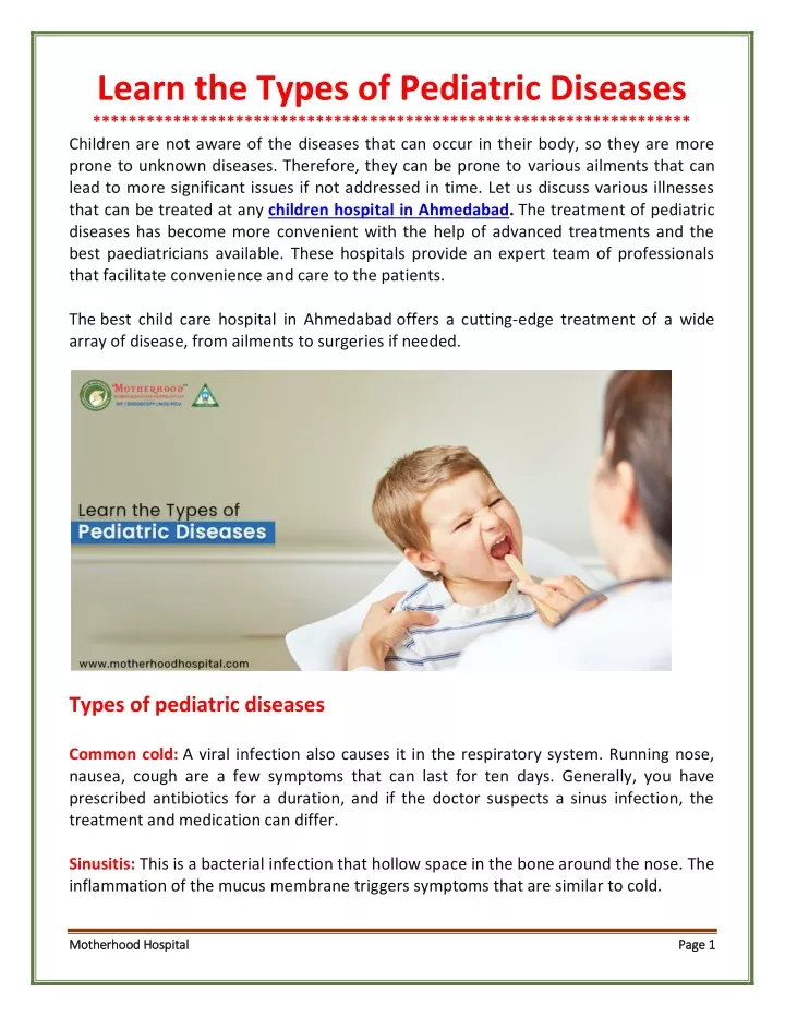 learn the types of pediatric diseases children