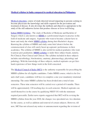 Medical syllabus in India compared to medical education in Philippines...