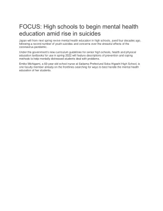 FOCUS High schools to begin mental health education amid rise in suicides