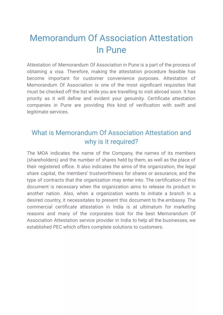 memorandum of association attestation in pune