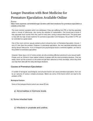 Longer Duration with Best Medicine for Premature Ejaculation Available Online