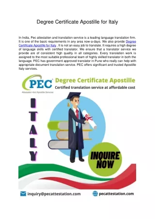 Degree Certificate Apostille for Italy
