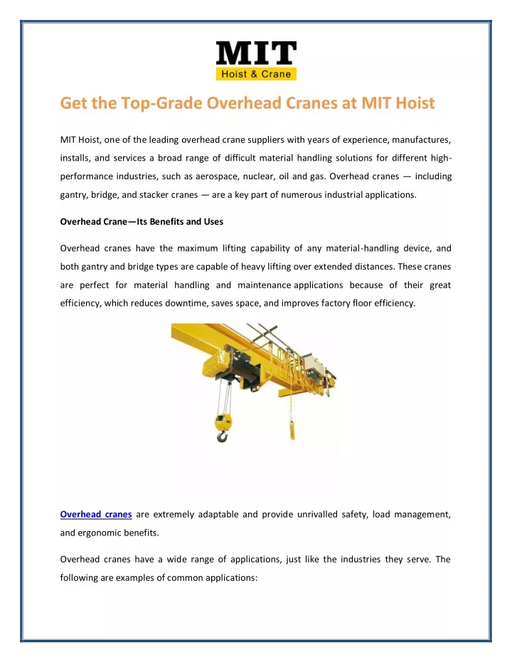 get the top grade overhead cranes at mit hoist