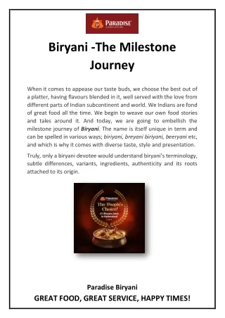 Biryani -The Milestone Journey