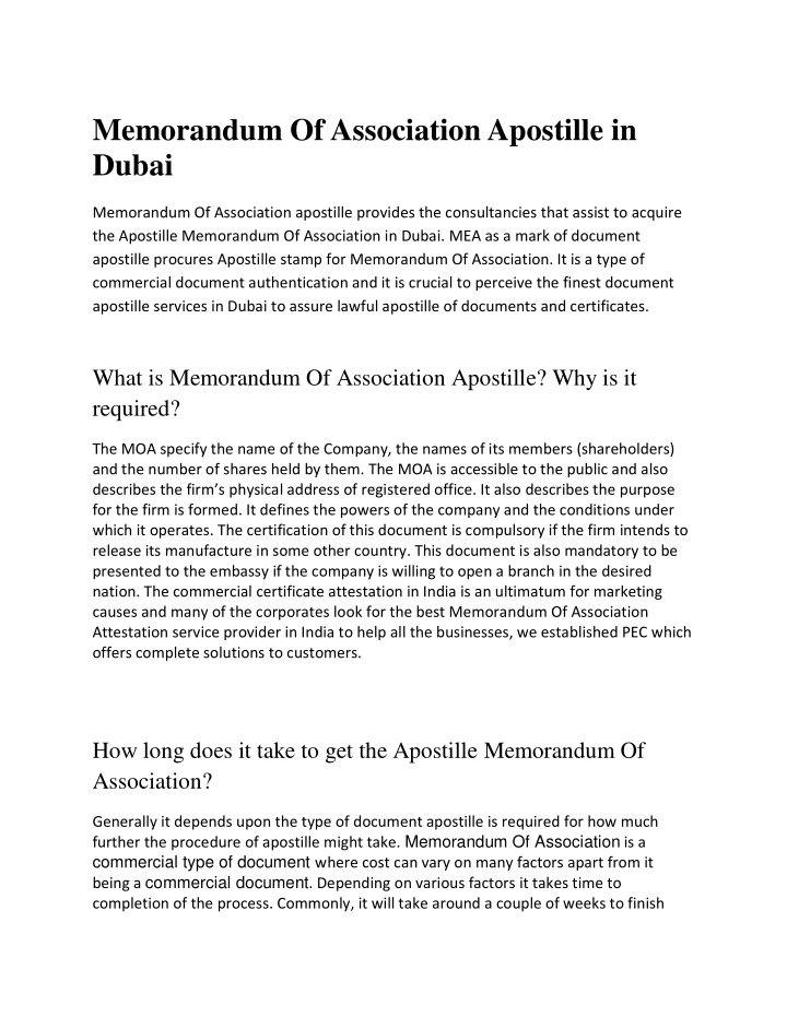 memorandum of association apostille in dubai