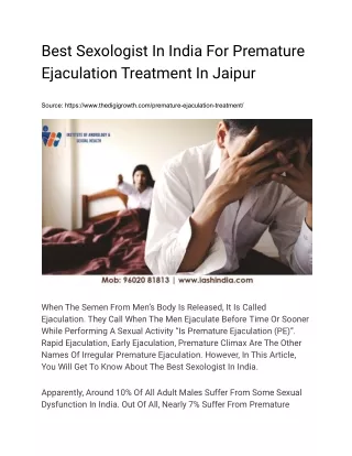 Best Sexologist In India For Premature Ejaculation Treatment In Jaipur