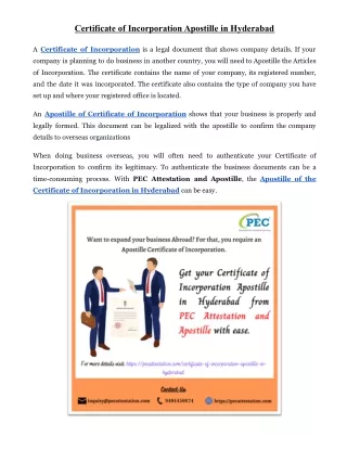 Certificate of Incorporation Apostille in Hyderabad