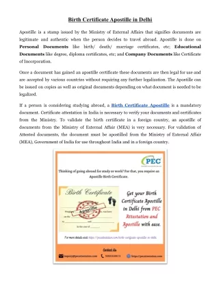 Birth Certificate Apostille in Delhi