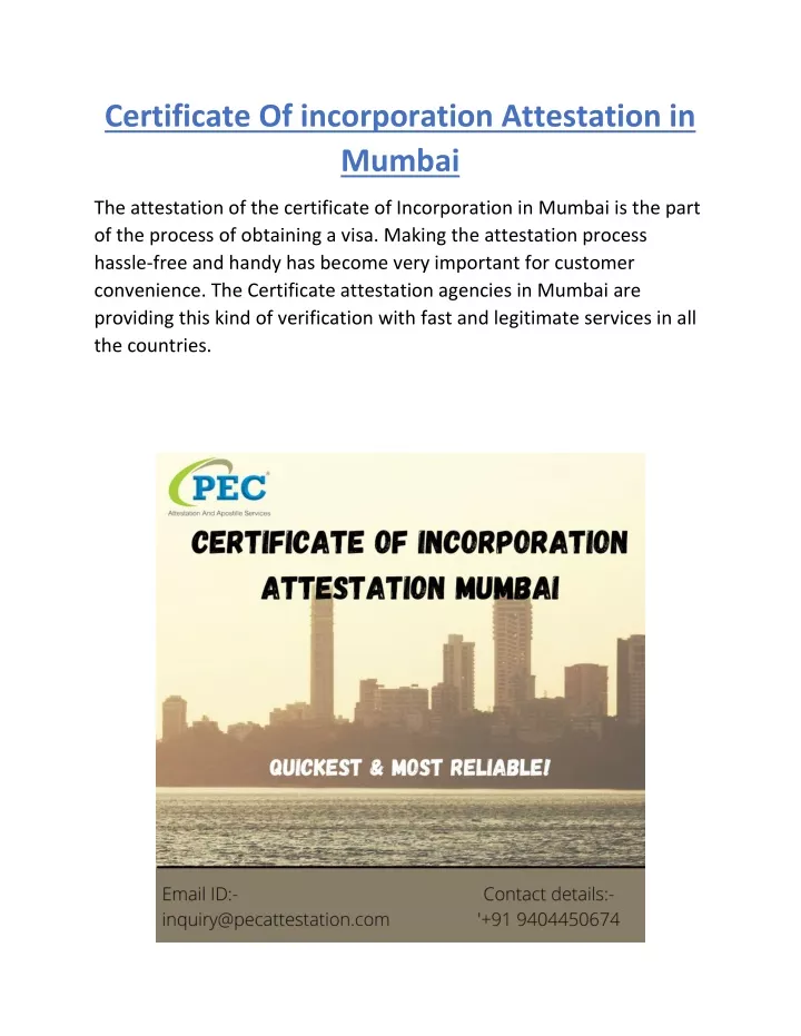 certificate of incorporation attestation in mumbai