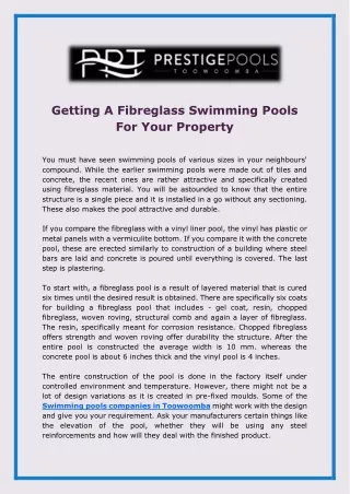 Getting A Fibreglass Swimming Pools For Your Property