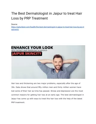 The Best Dermatologist in Jaipur to treat Hair Loss by PRP Treatment