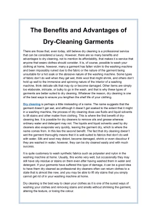 The Benefits and Advantages of Dry-Cleaning Garment