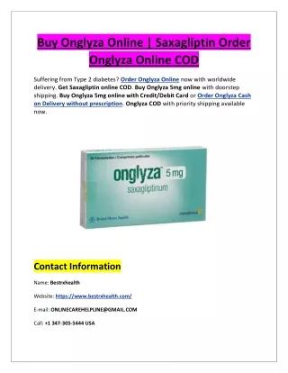 Onglyza Online COD || Onglyza Cash on Delivery Overnight USA