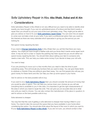 Sofa Upholstery Repair in Abu Abu Dhabi, Dubai and Al Ain :-  Considerations