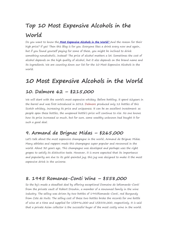top 10 most expensive alcohols in the world