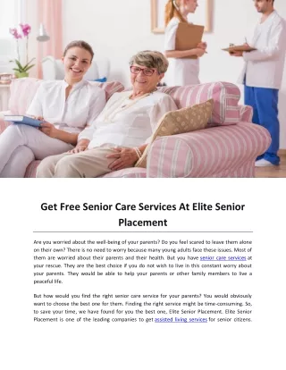 Get Free Senior Care Services At Elite Senior Placement