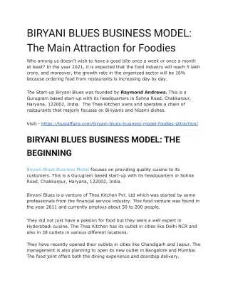 BIRYANI BLUES BUSINESS MODEL: The Main Attraction for Foodies