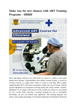 Make way for new chances with ART Training Programs IIRRH
