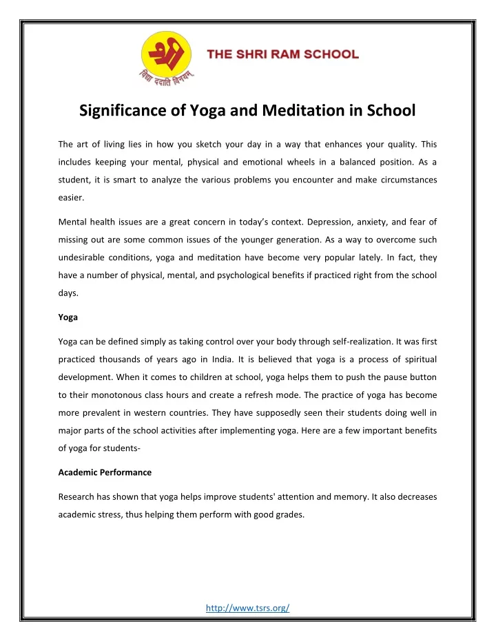 significance of yoga and meditation in school