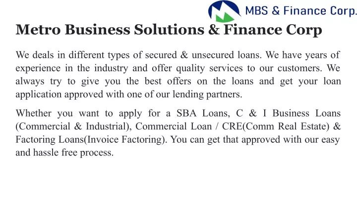 metro business solutions finance corp
