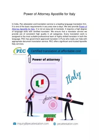 Power of Attorney Apostille for Italy