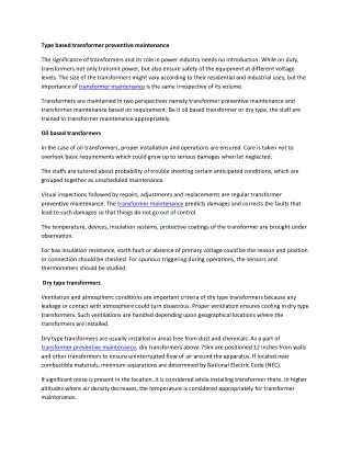 type based transformer preventive maintenance