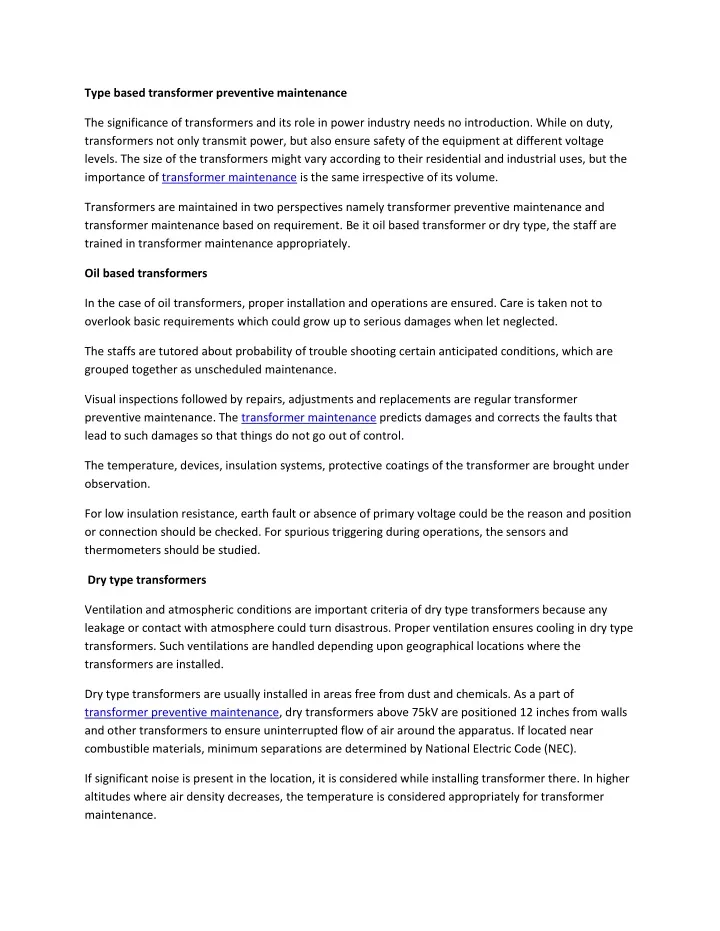 type based transformer preventive maintenance