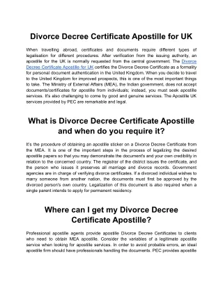 Divorce Decree Certificate Apostille for UK